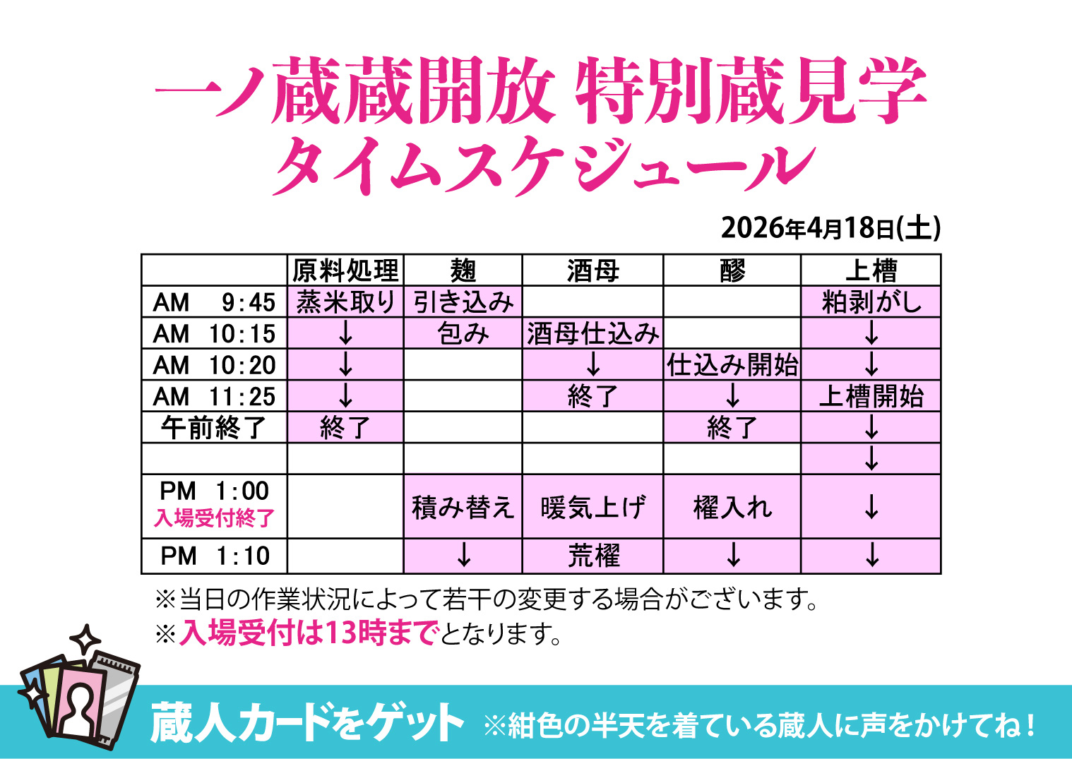 【一ノ蔵 蔵開放2026】情報その② 特別蔵見学タイムスケジュール
